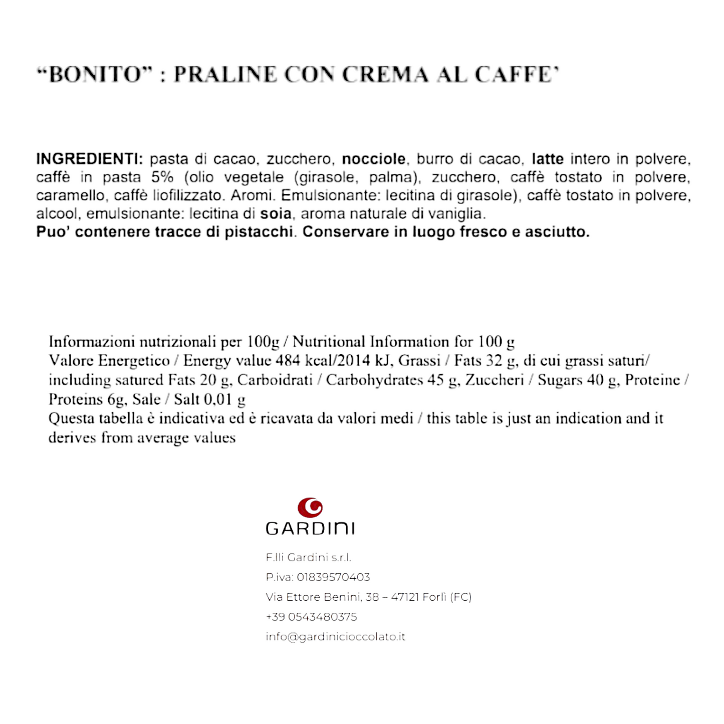 BONITO – 10 DARK CHOCOLATE PRALINES WITH GARDINI COFFEE FILLING