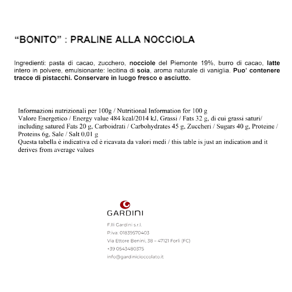 BONITO – 10 DARK CHOCOLATE PRALINES WITH HAZELNUT FILLING GARDINI