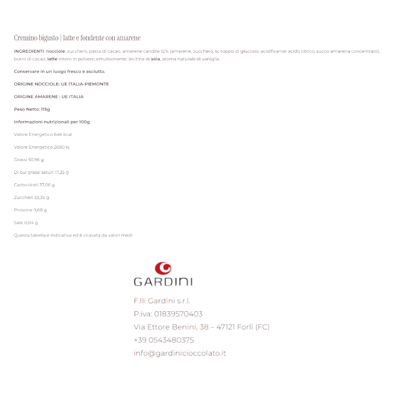 CREMINO CIOCCOLATO LATTE FONDENTE AMARENE GARDINI