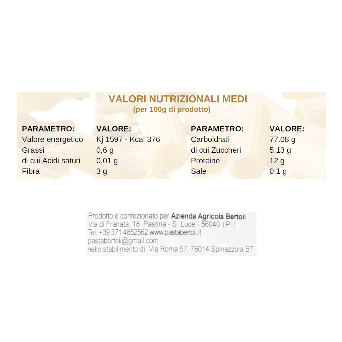 PASTA ARTIGIANALE GRANO DURO PACCHERI BIOLOGICI TRAFILA AL BRONZO