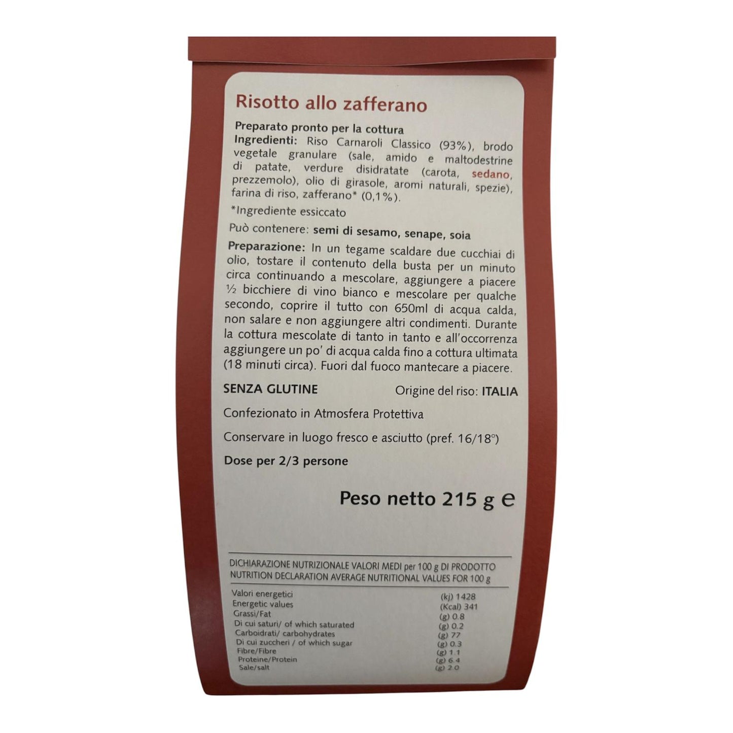 ETICHETTA INGREDIENTI E TABELLA NUTRIZIONALE RISOTTO ZAFFERANO
