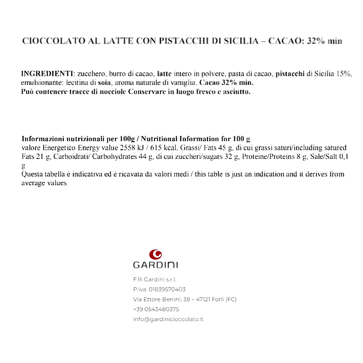 GARDINI MILK BAR 32% COCOA WITH SICILY PISTACHIOS