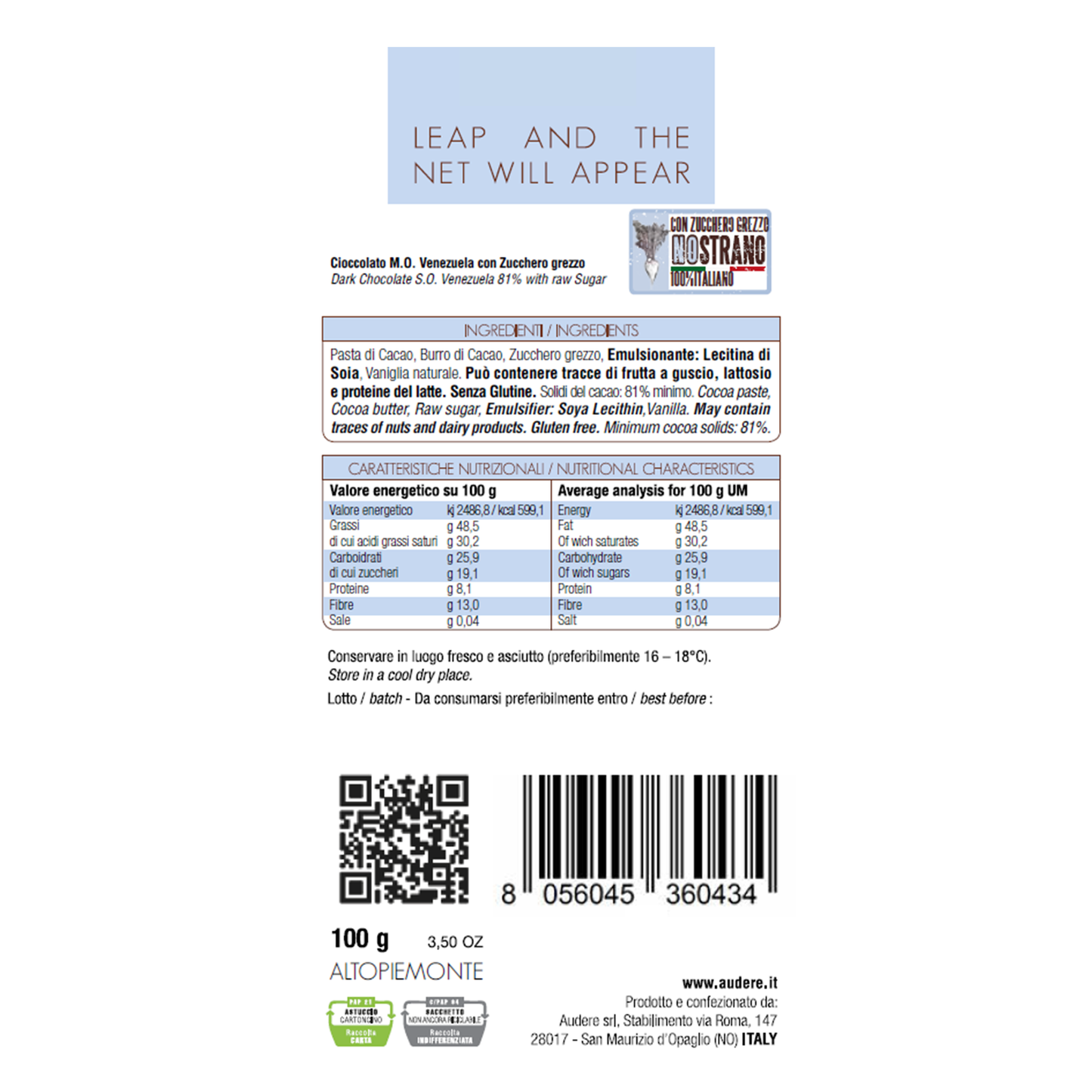 SINGLE ORIGIN VENEZUELA CHOCOLATE BAR 81% WITH RAW SUGAR AUDERE