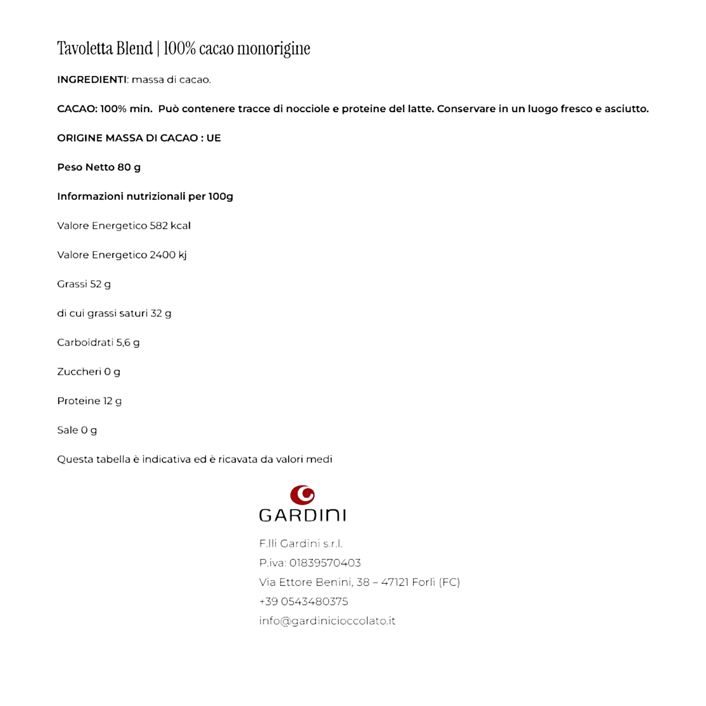 TAVOLETTA BLEND MONORIGINE ECUADOR ARRIBA NATIONAL 100% CACAO GARDINI