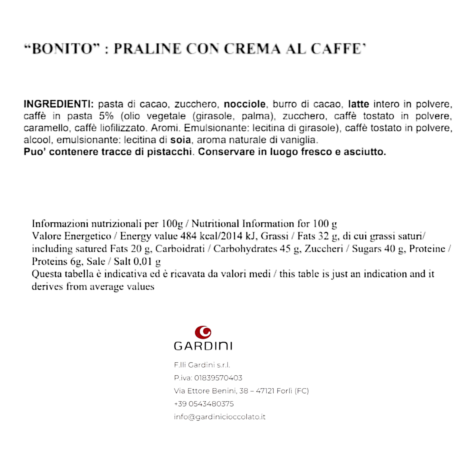 BONITO – 10 DARK CHOCOLATE PRALINES WITH GARDINI COFFEE FILLING