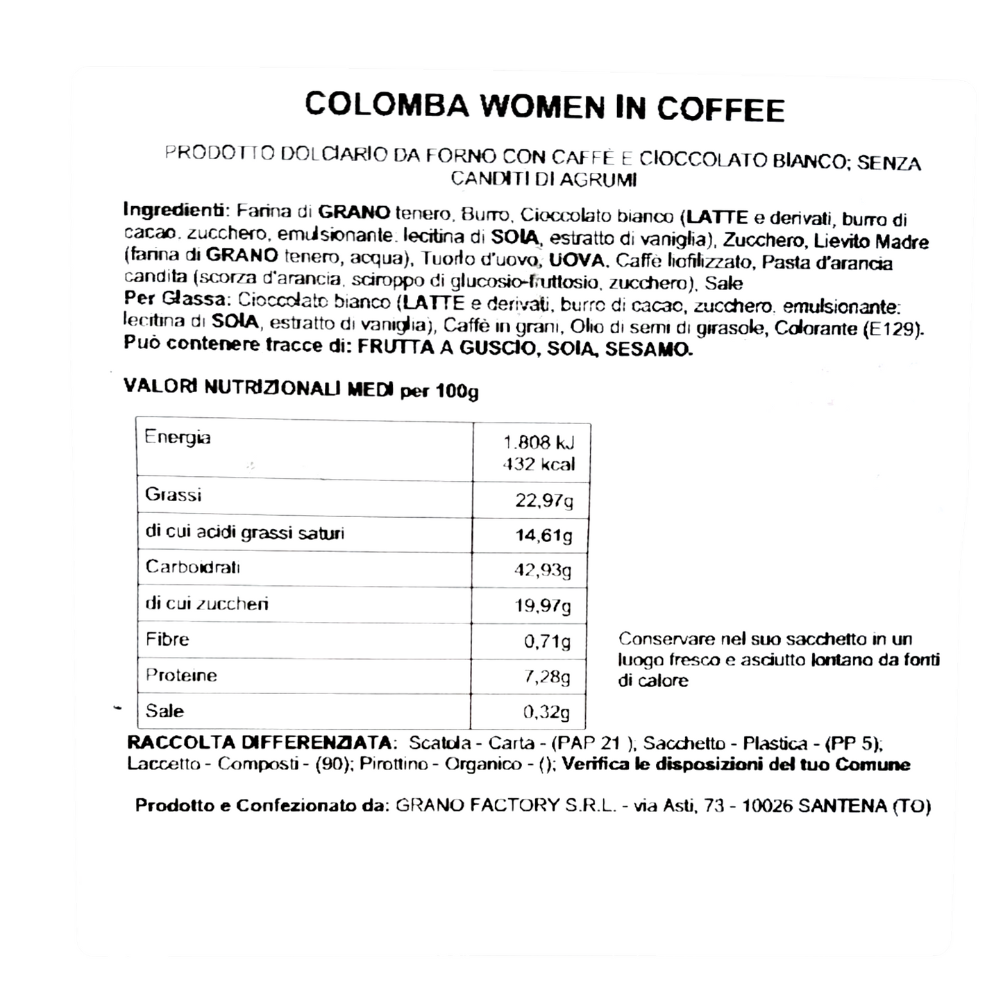 COLOMBA CAFFÈ E CIOCCOLATO BIANCO GRANO FACTORY