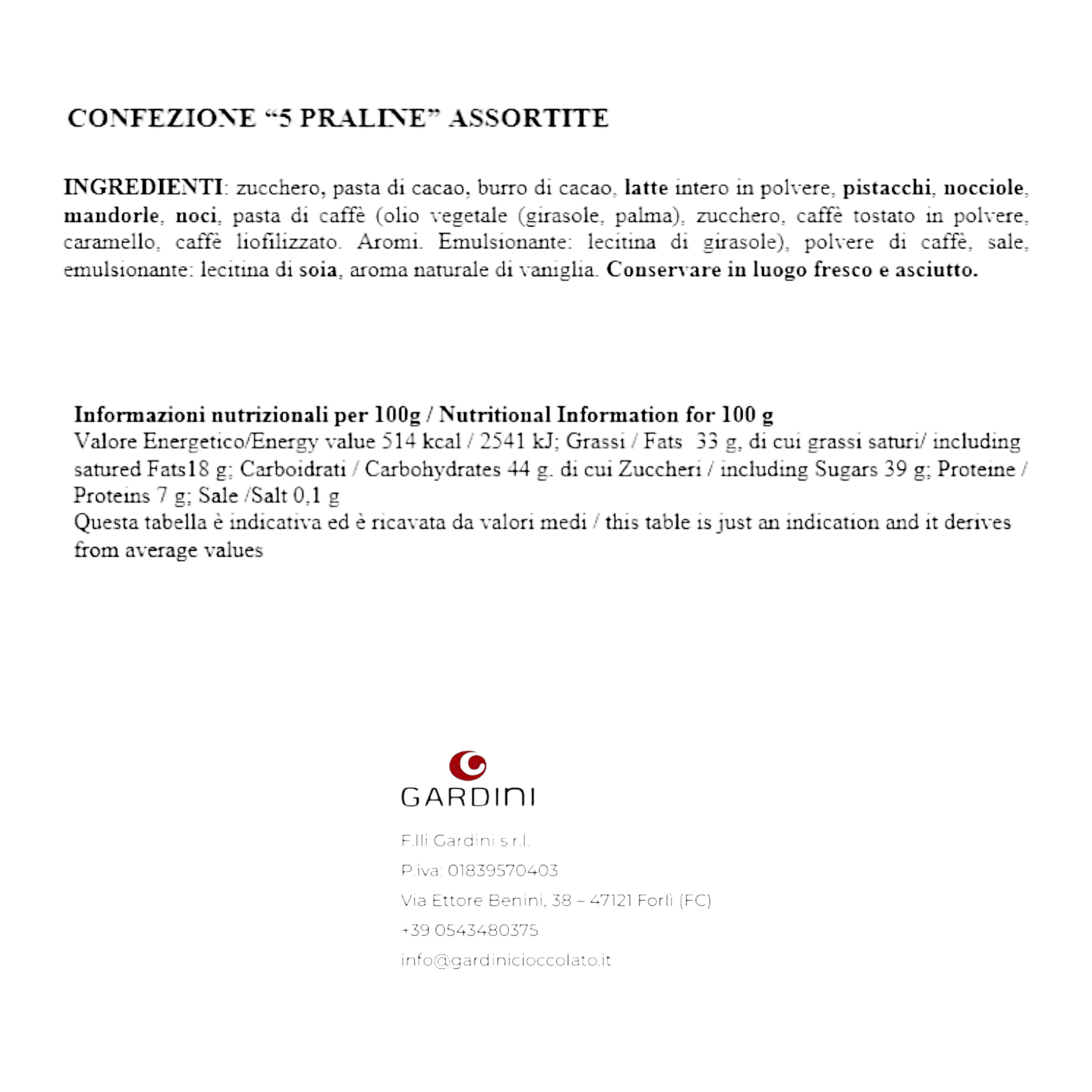 CONFEZIONE 5 PRALINE ARTIGIANALI ASSORTITE GARDINI