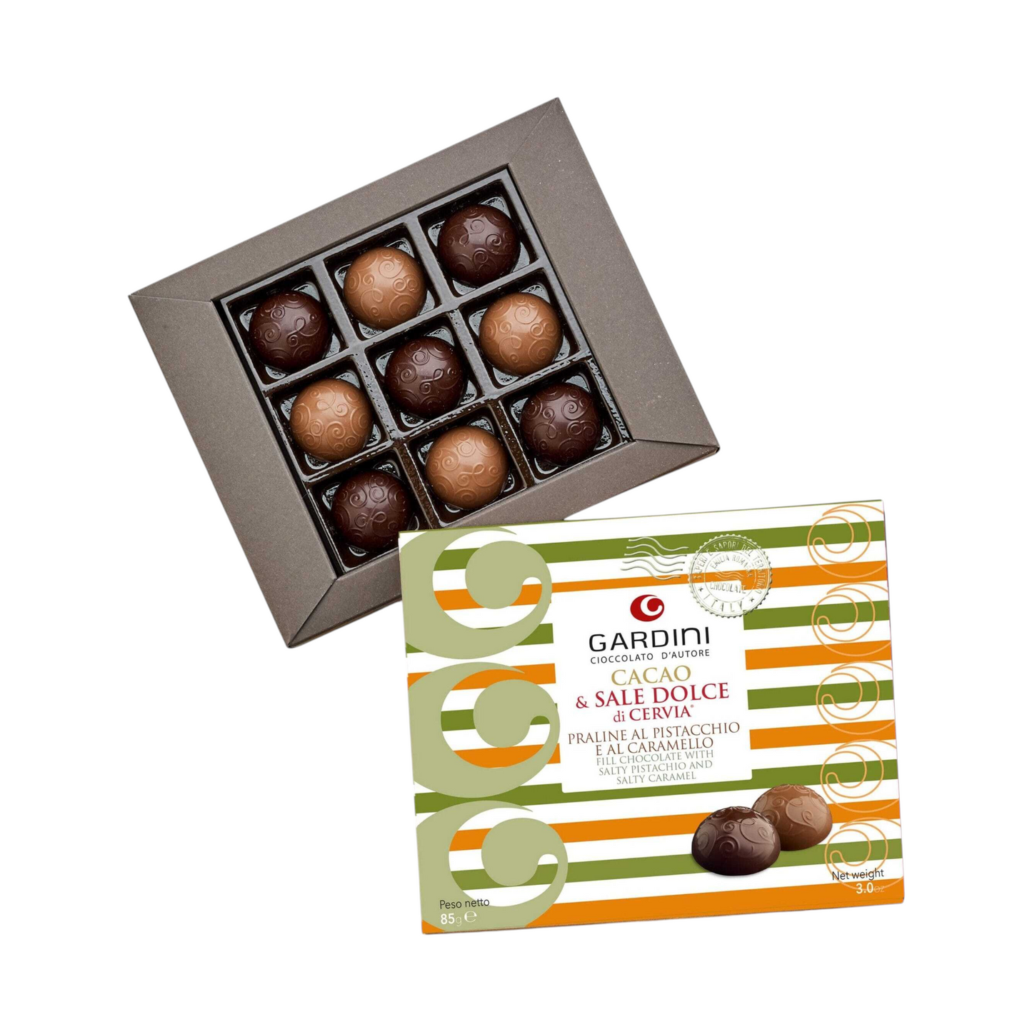 ASSORTED PRALINES PACK COCOA & CERVIA® SWEET SALT PISTACHIO AND CARAMEL GARDINI