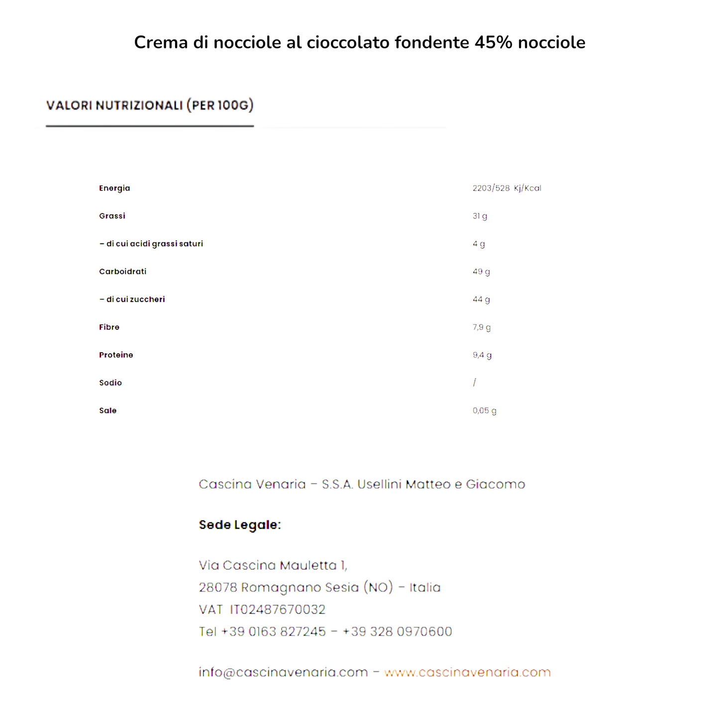 CREMA DI NOCCIOLA 45% - CIOCCOLATO FONDENTE CASCINA VENARIA