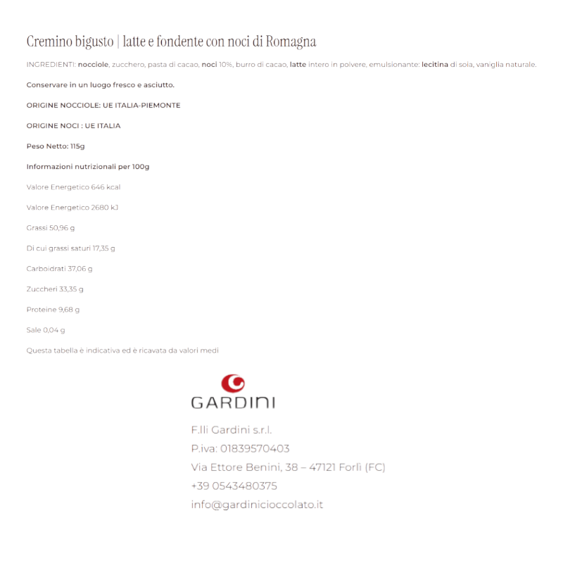 CREMINO CIOCCOLATO LATTE E FONDENTE E NOCI GARDINI