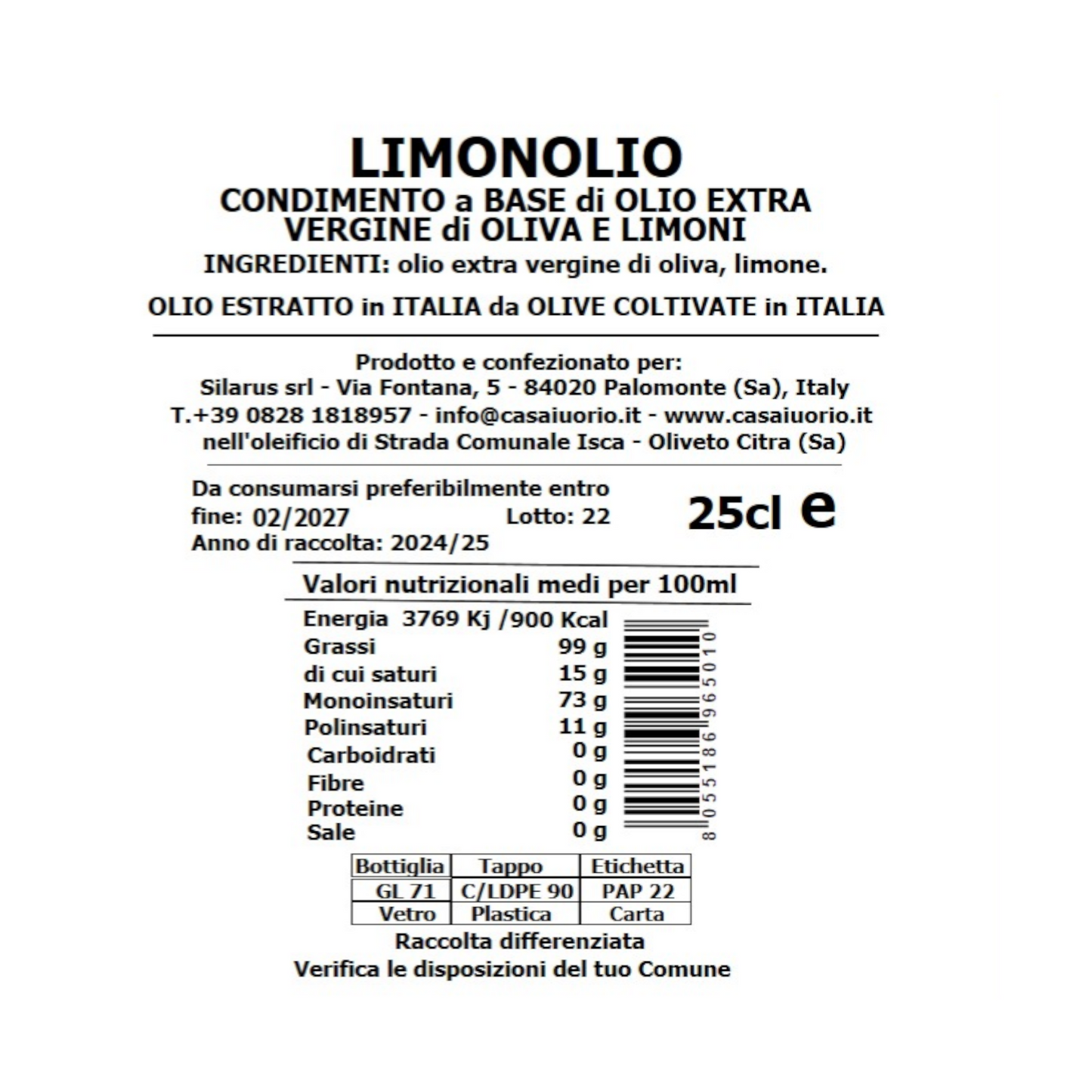 LIMONOLIO OLIO EXTRAVERGINE AROMATIZZATO AL LIMONE CASA IUORIO