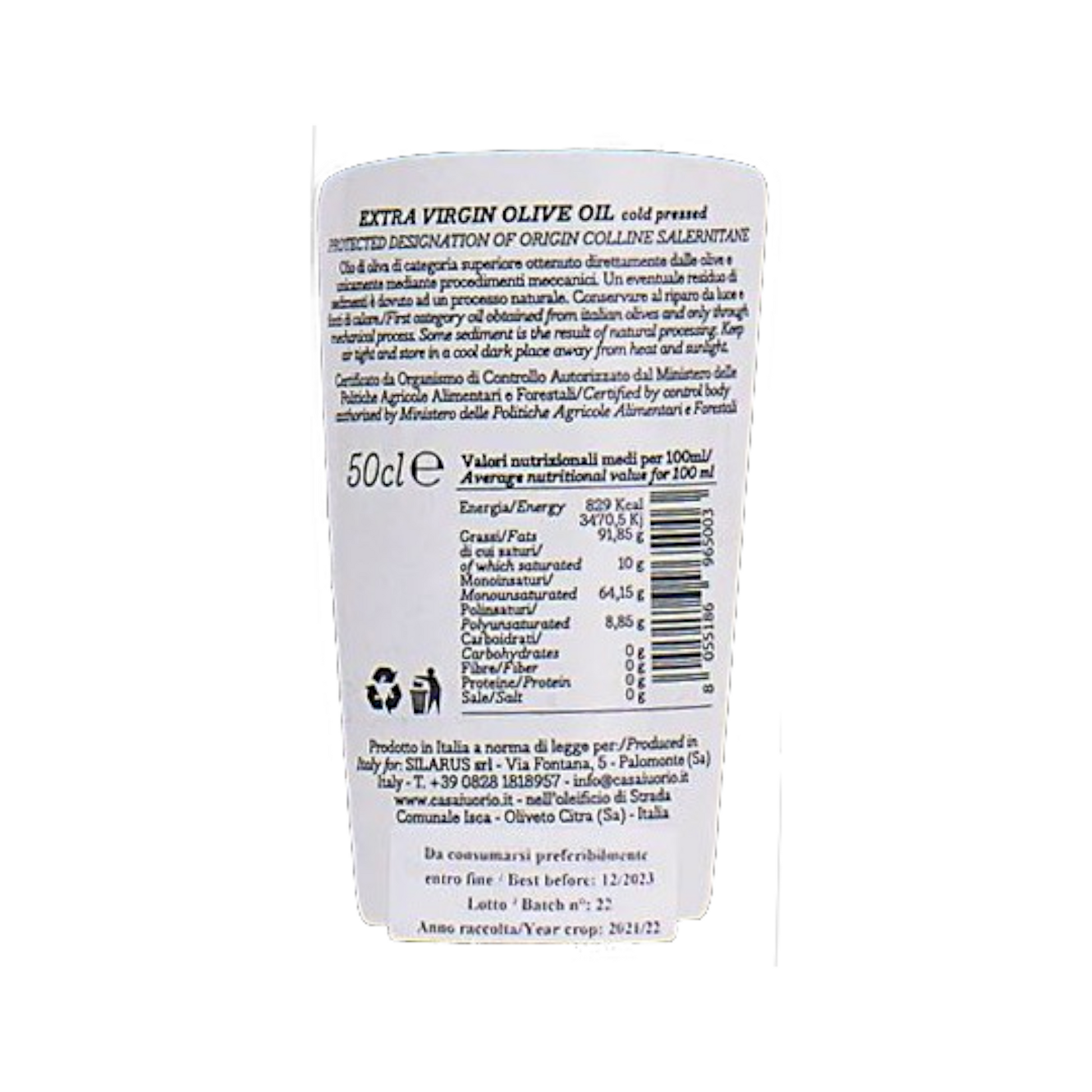 CLASSIC EXTRA VIRGIN OLIVE OIL INGREDIENTS LABEL AND NUTRITIONAL TABLE