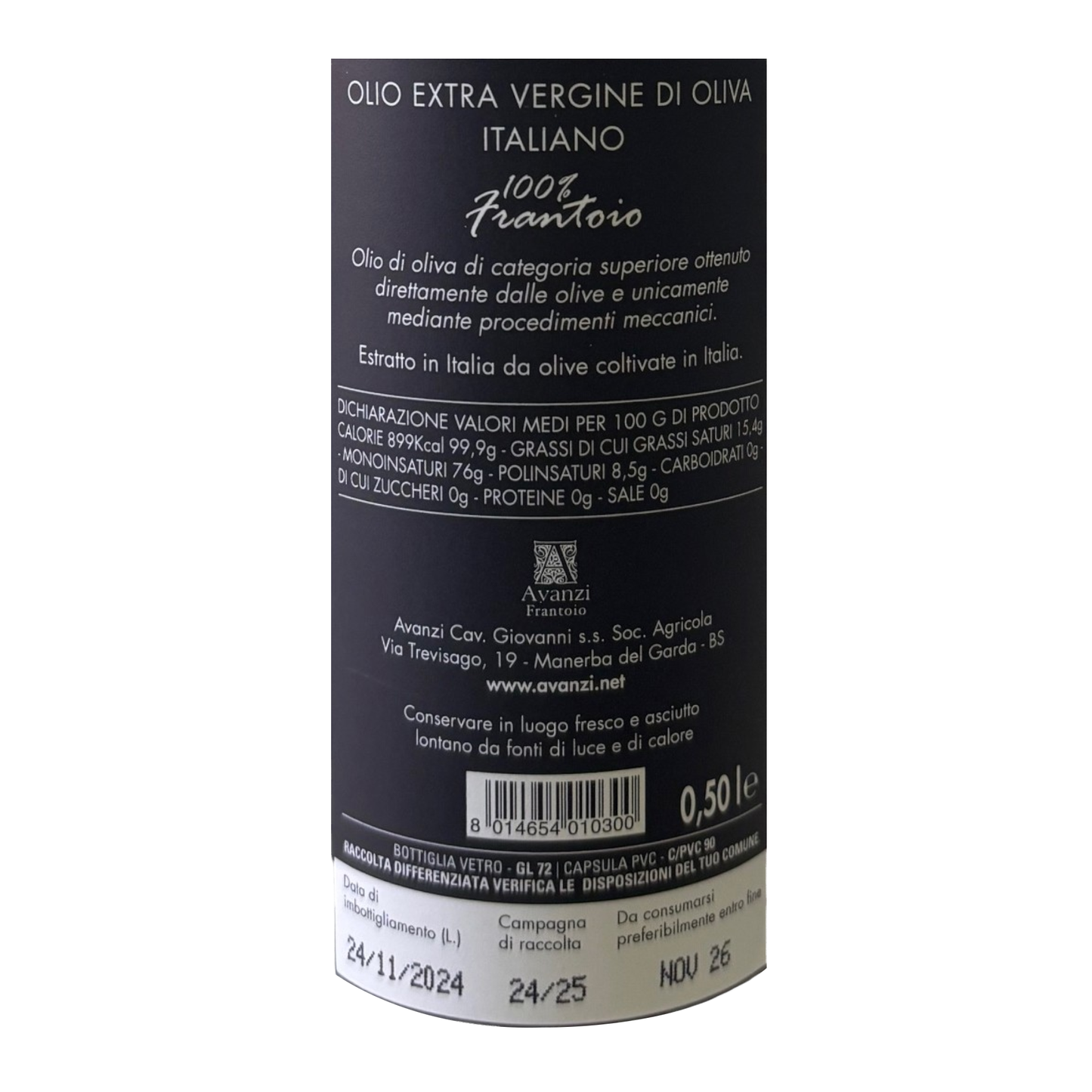 AVANZI OLIO EXTRAVERGINE D'OLIVA 100% ITALIANO FRANTOIO ETICHETTA INGREDIENTI E TABELLA 