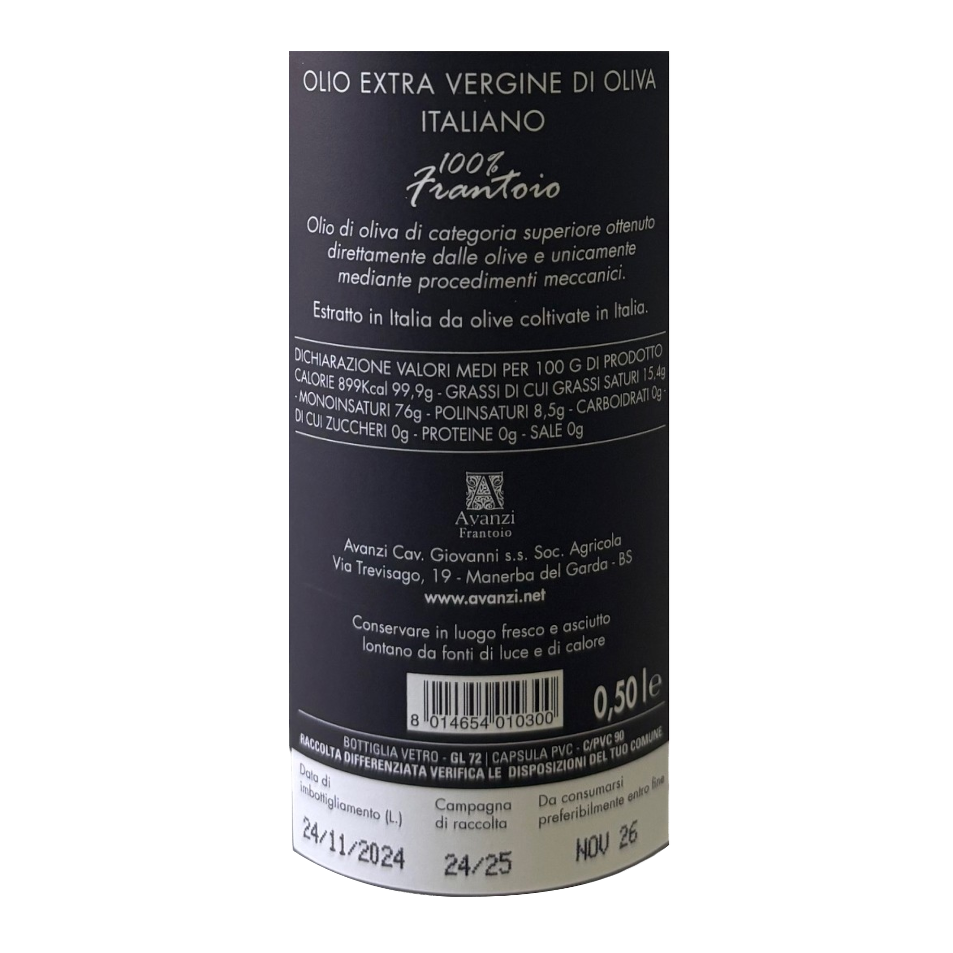 AVANZI OLIO EXTRAVERGINE D'OLIVA 100% ITALIANO FRANTOIO ETICHETTA INGREDIENTI E TABELLA 