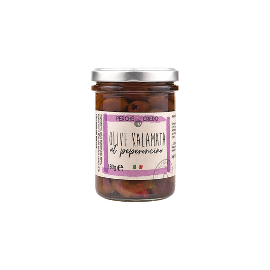 OLIVE KALAMATA AL PEPERONCINO IN OLIO EXTRA VERGINE DI OLIVA PERCHE' CI CREDO