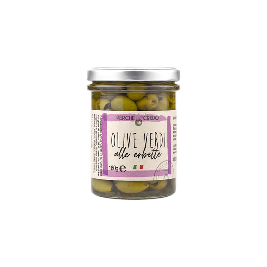 GREEN OLIVES WITH HERBS IN EXTRA VIRGIN OLIVE OIL PERCHE' CI CREDO