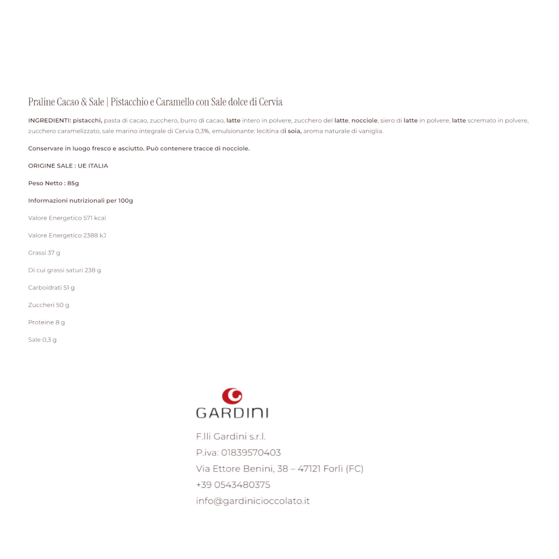 PRALINE CACAO & SALE DI CERVIA AL PISTACCHIO E AL CARAMELLO GARDINI