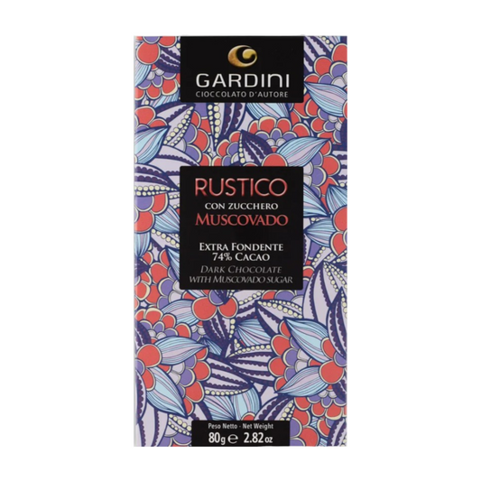RUSTICO – TAVOLETTA EXTRA FONDENTE 74% CACAO CON ZUCCHERO MUSCOVADO GARDINI