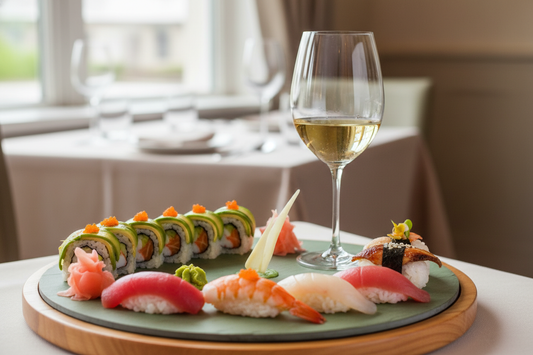 sushi con calice vino bianco
