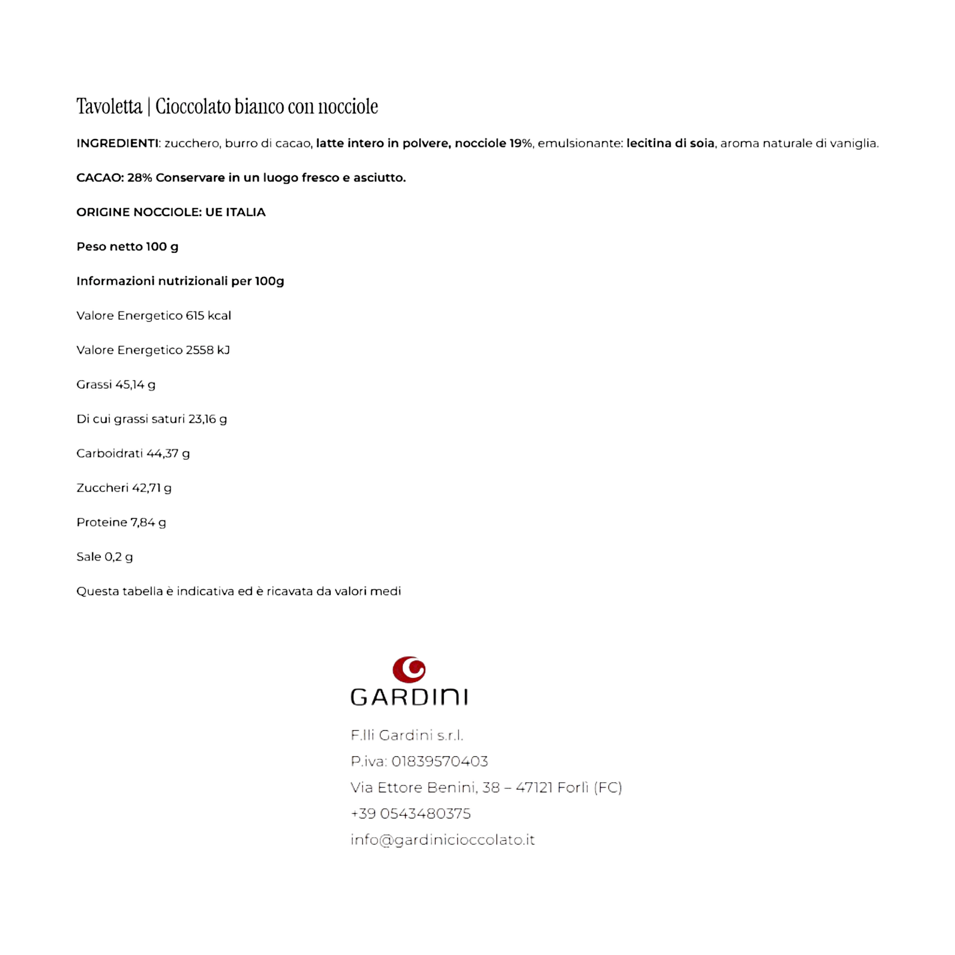 GARDINI WHITE CHOCOLATE BAR WITH PIEDMONT HAZELNUTS