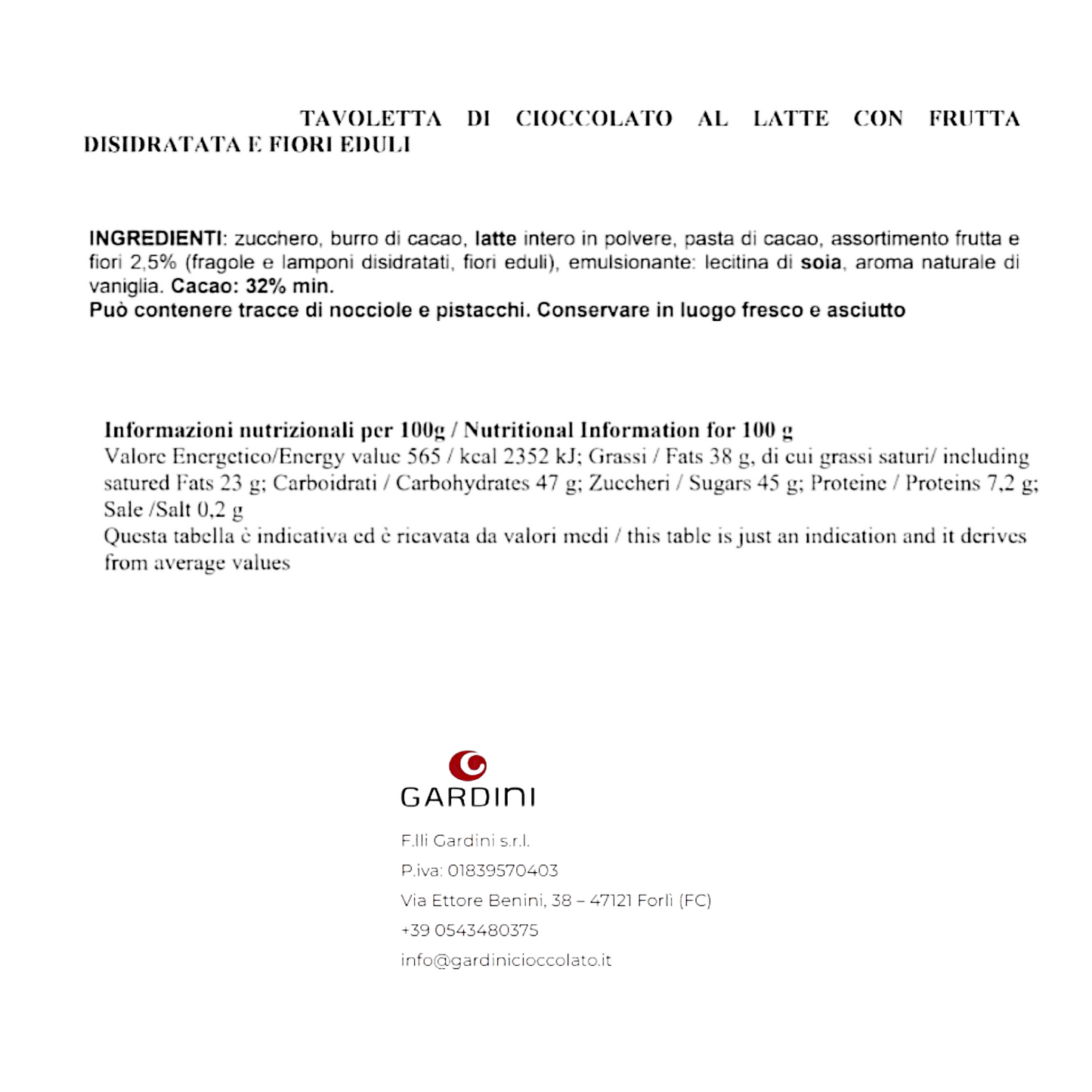 TAVOLETTA CIOCCOLATO AL LATTE 32% CACAO CON FRAGOLE E LAMPONI DISIDRATATI E FIORI EDULI GARDINI
