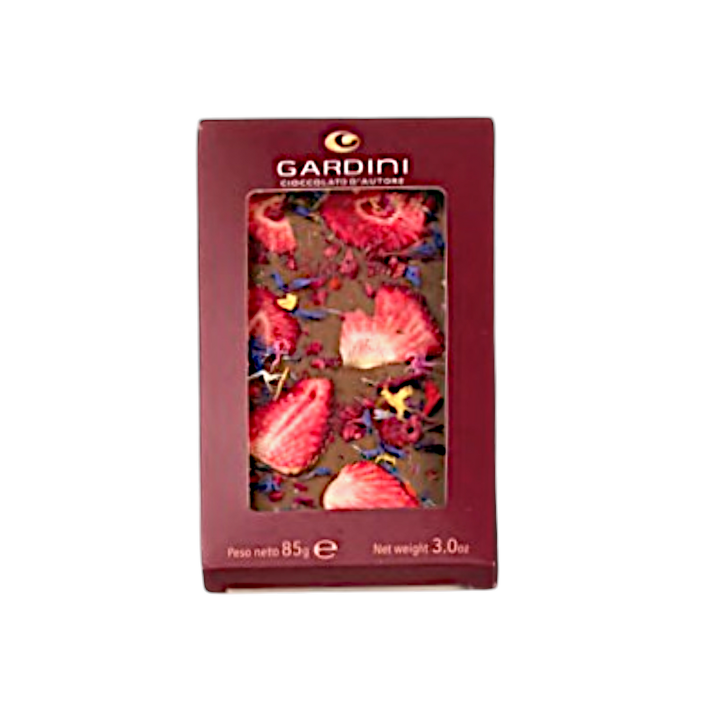 TAVOLETTA CIOCCOLATO AL LATTE 32% CACAO CON FRAGOLE E LAMPONI DISIDRATATI E FIORI EDULI GARDINI