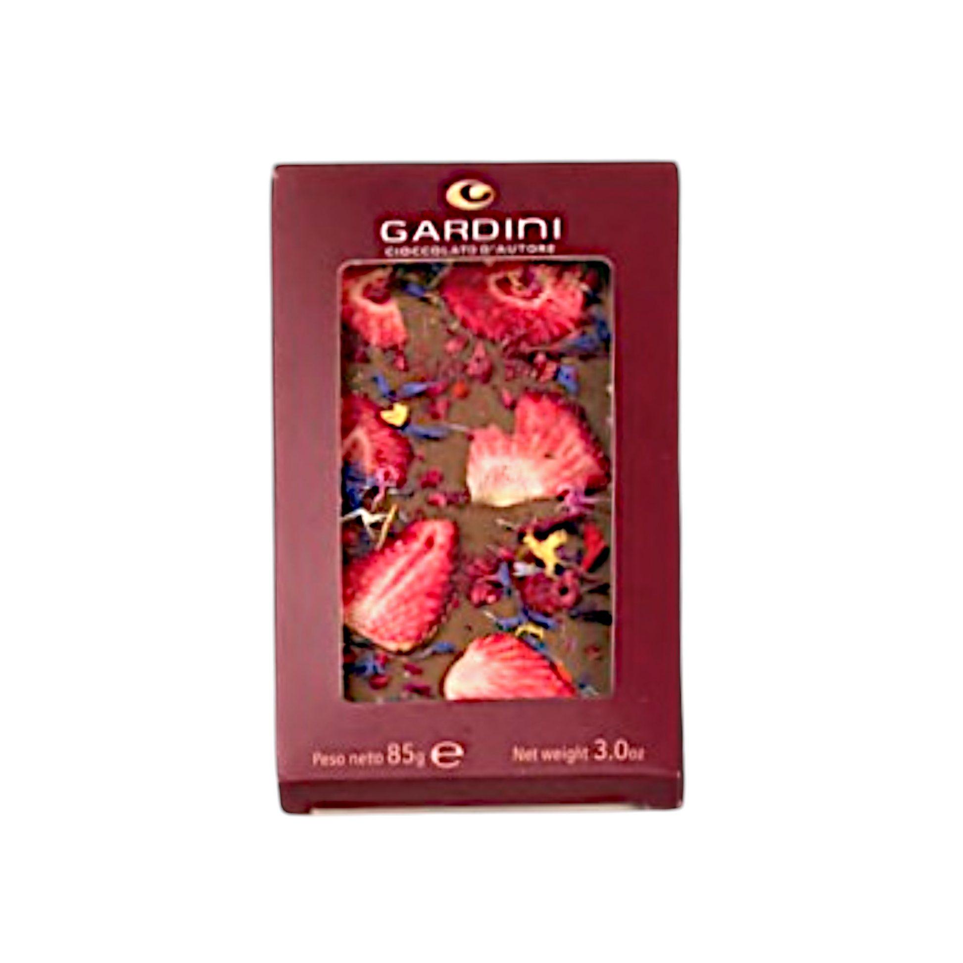 TAVOLETTA CIOCCOLATO AL LATTE 32% CACAO CON FRAGOLE E LAMPONI DISIDRATATI E FIORI EDULI GARDINI