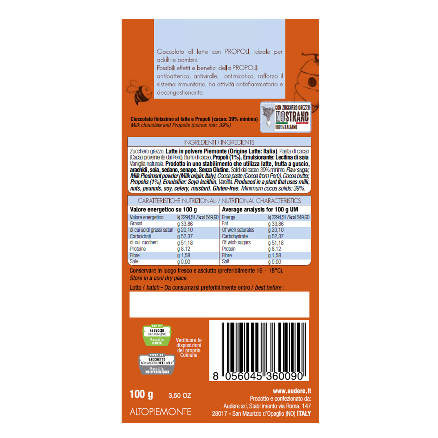 AUDERE MILK CHOCOLATE AND PROPOLIS BAR