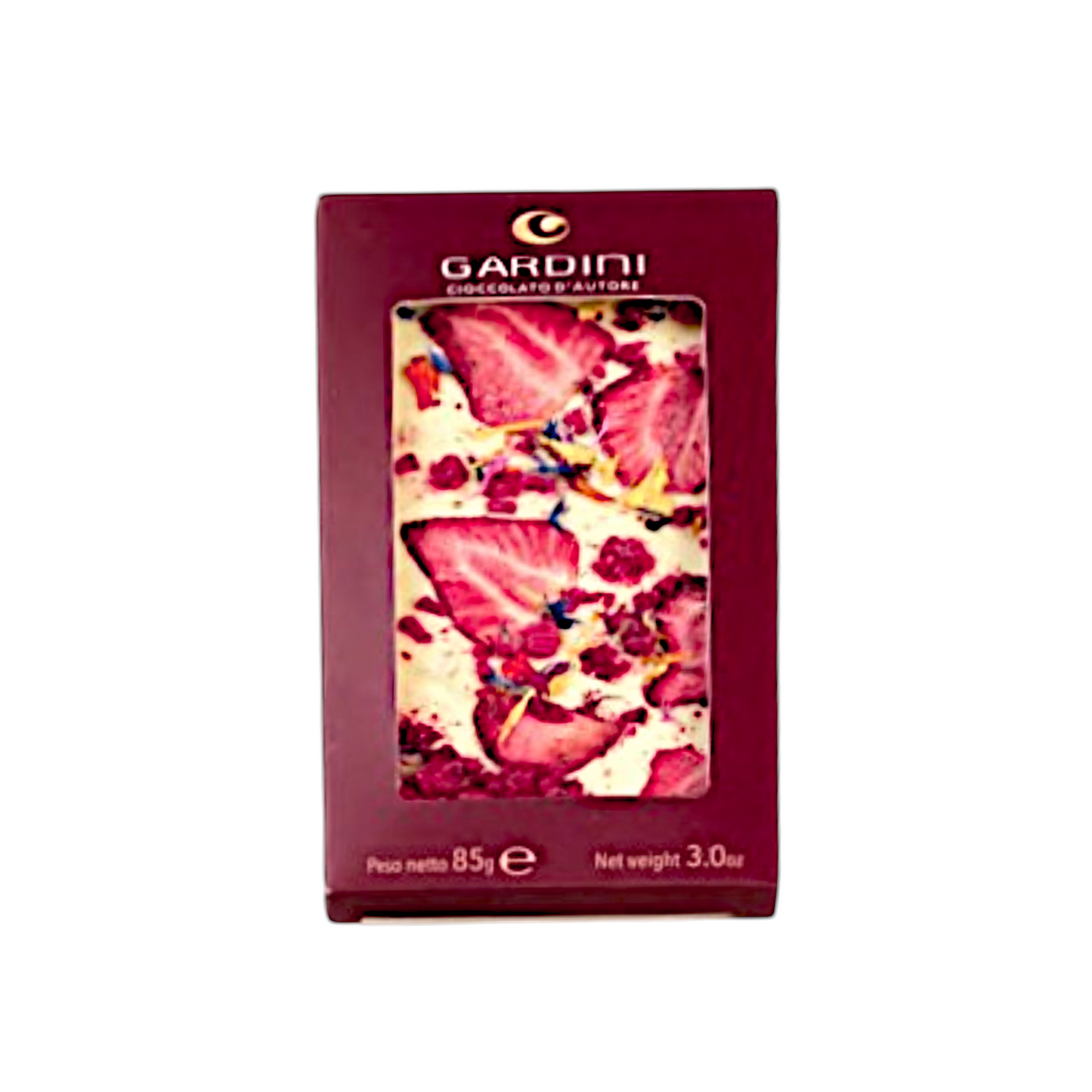 WHITE CHOCOLATE BAR WITH DRIED STRAWBERRIES AND RASPBERRIES AND GARDINI EDULIVE FLOWERS