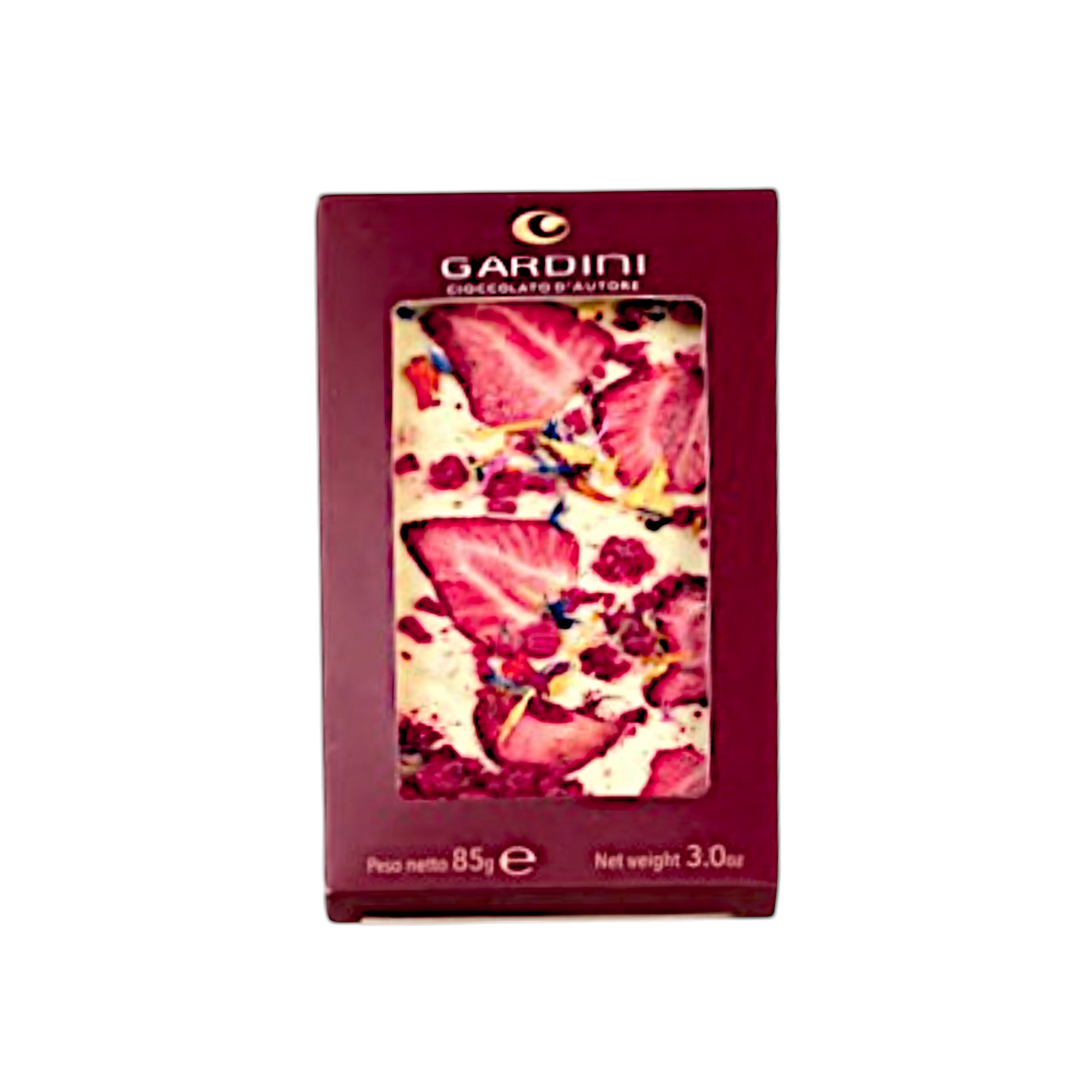 WHITE CHOCOLATE BAR WITH DRIED STRAWBERRIES AND RASPBERRIES AND GARDINI EDULIVE FLOWERS