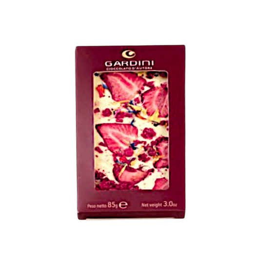 TAVOLETTA CIOCCOLATO BIANCO CON FRAGOLE E LAMPONI DISIDRATATI E FIORI EDULI GARDINI