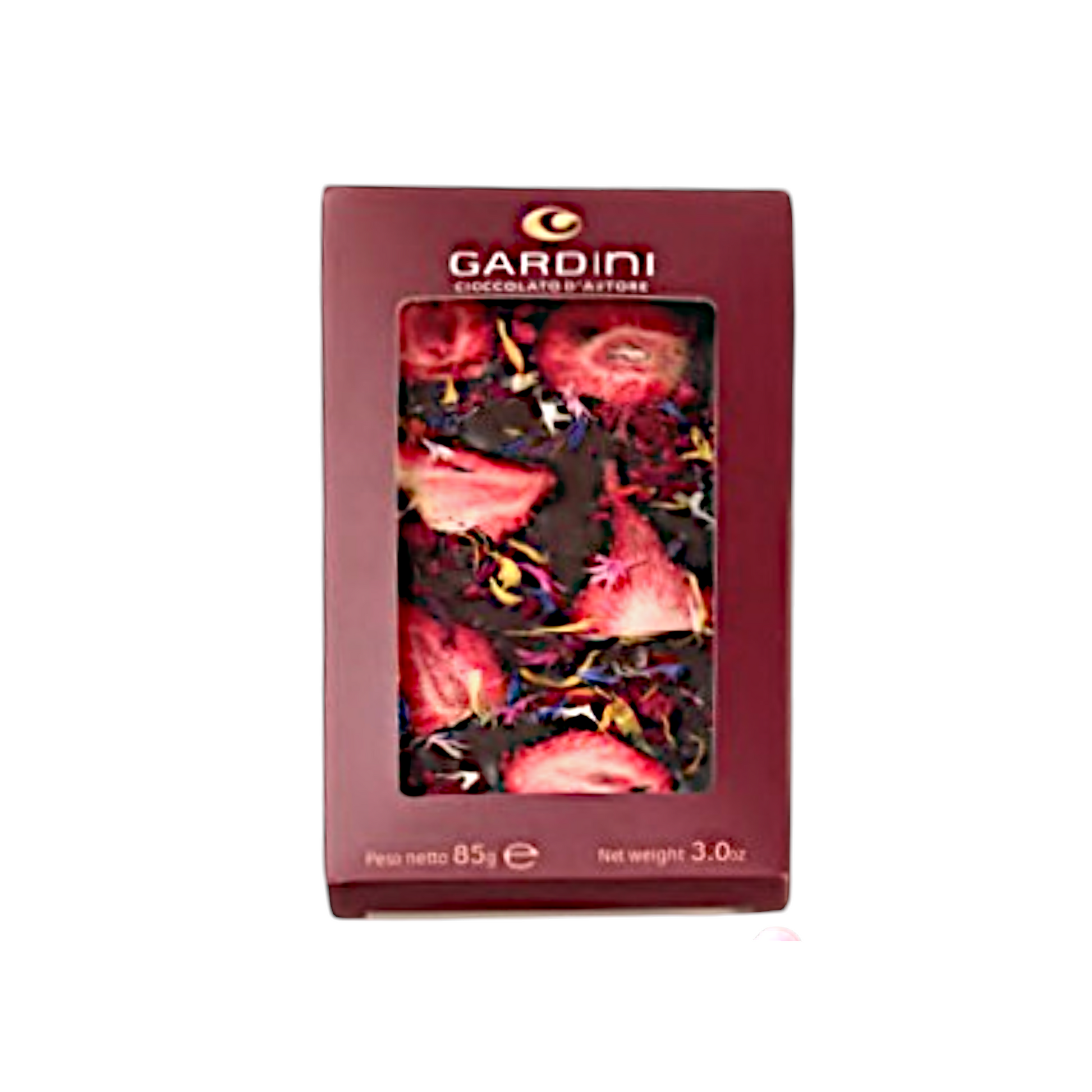 DARK CHOCOLATE BAR 62% COCOA WITH DRIED STRAWBERRIES AND RASPBERRIES AND GARDINI EDULIVE FLOWERS
