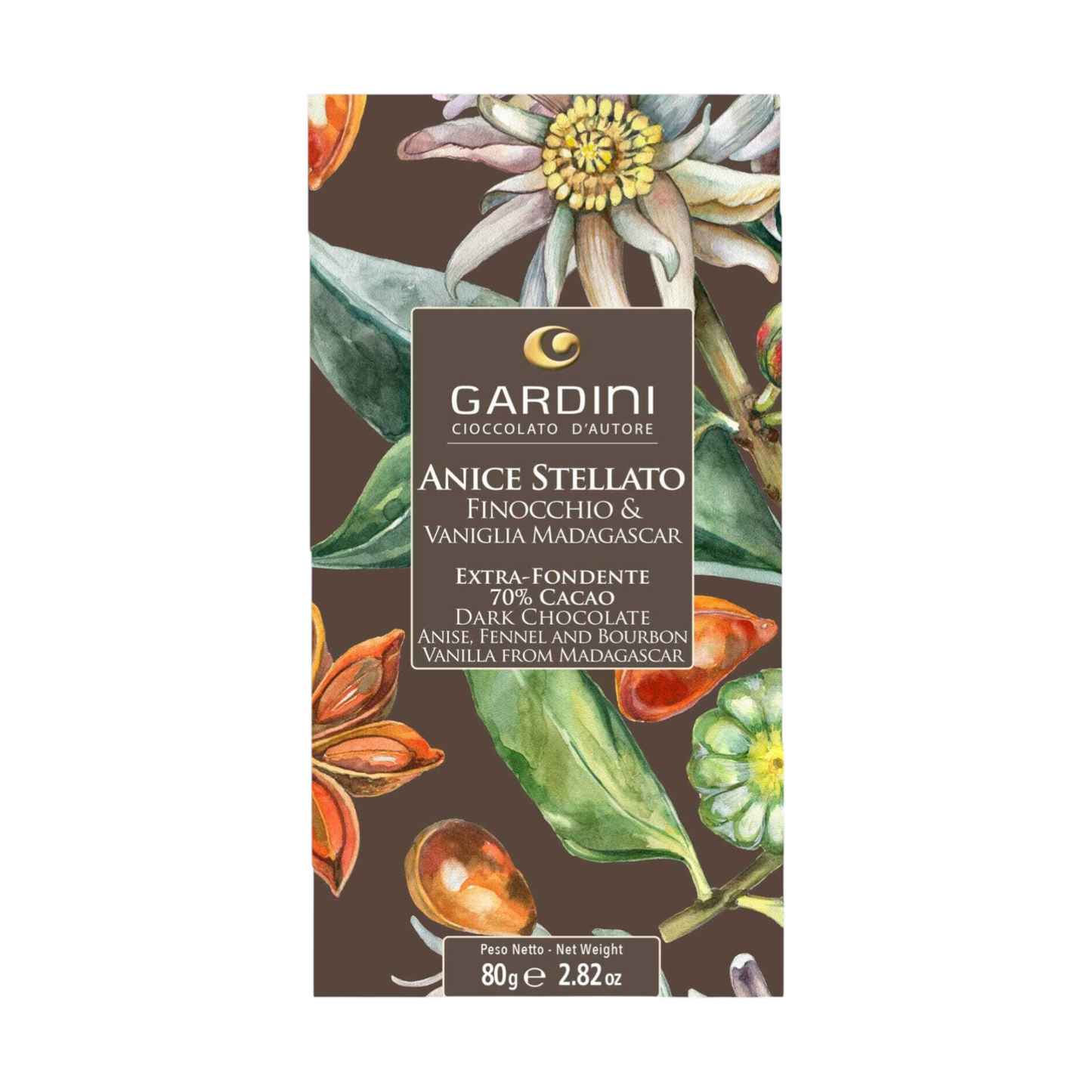 EXTRA-DARK BAR 70% COCOA WITH STAR ANISE, FENNEL AND VANILLA FROM MADAGASCAR GARDINI