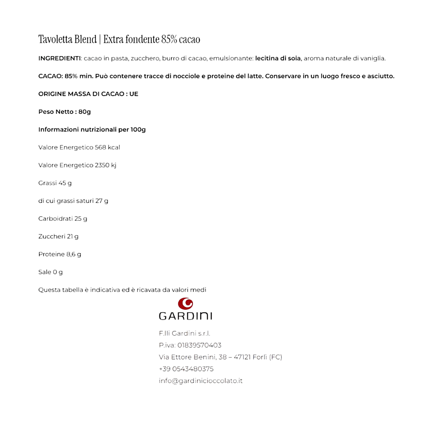 TAVOLETTA BLEND EXTRA FONDENTE 85% CACAO GARDINI