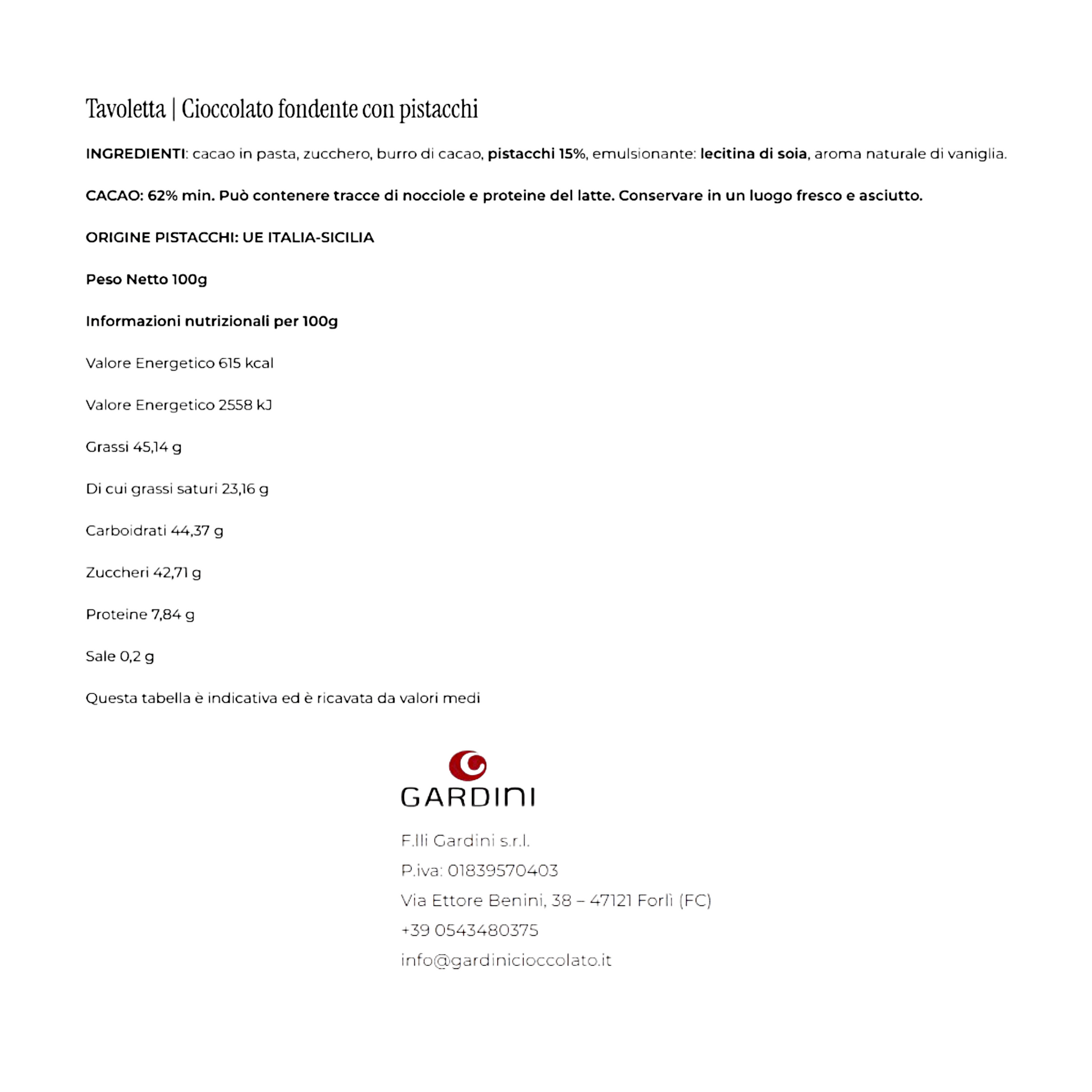 DARK BAR 62% COCOA WITH SICILY PISTACHIOS GARDINI